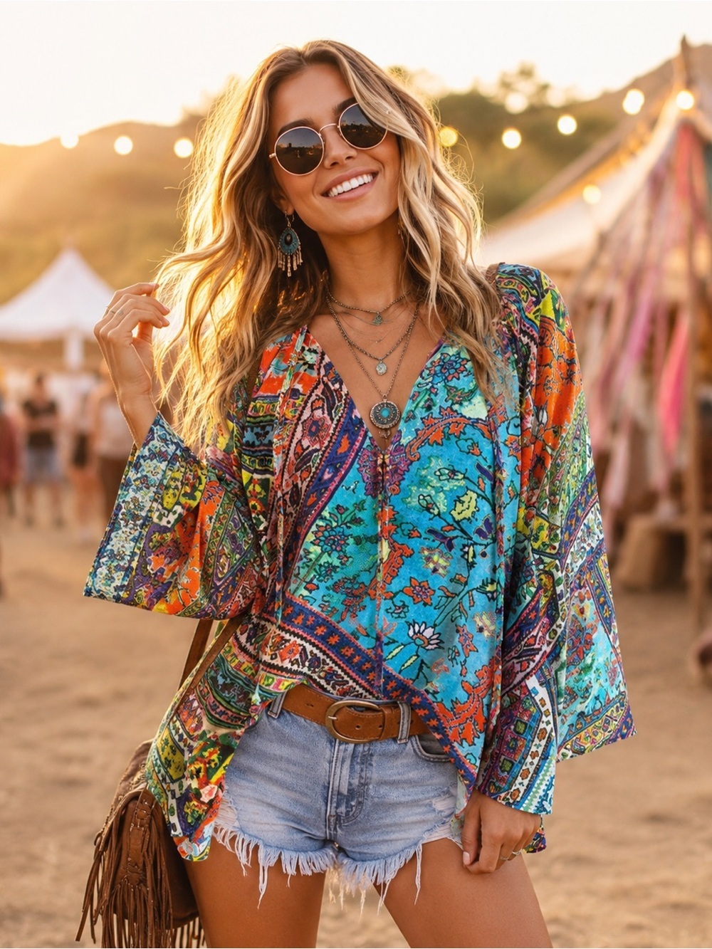 Ivy Jane Boho Tunic Top Medium Colorful Tribal Print Flowy USA